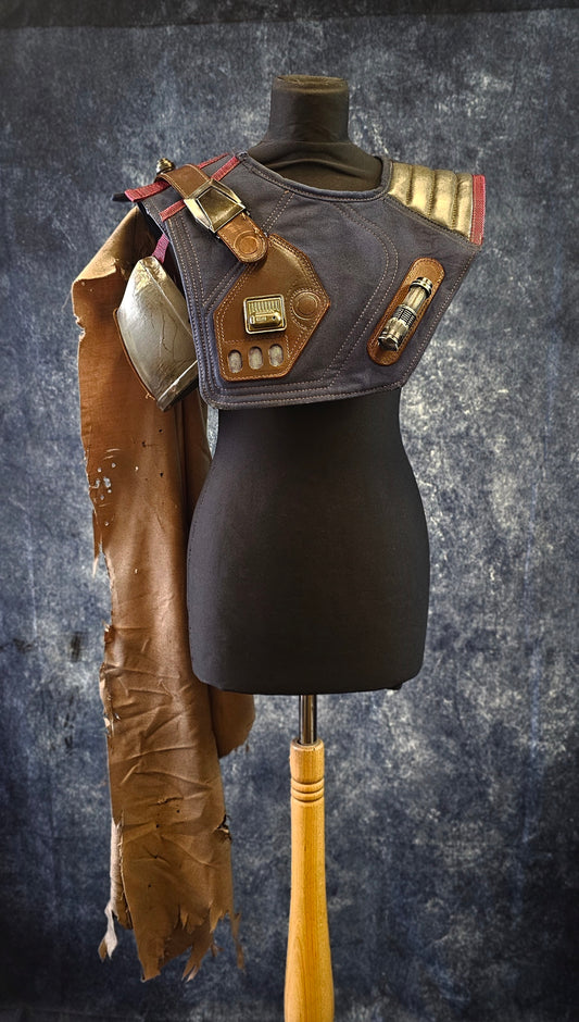 Sci-Fi Asymmetric cowl, with detachable shoulder cape, and custom shoulder pauldron.